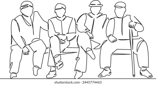 One continuous single drawing line art flat doodle senior, old, pensioner, together, group, retired, friendship, four. Isolated image hand draw contour on a white background, hand drawn, not AI