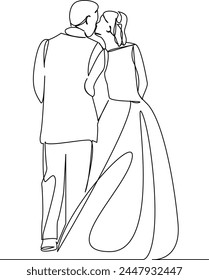 One continuous single drawing line art flat doodle wedding, love, marriage, couple, romantic, bride, beautiful. Isolated image hand draw contour on a white background, hand drawn, not AI