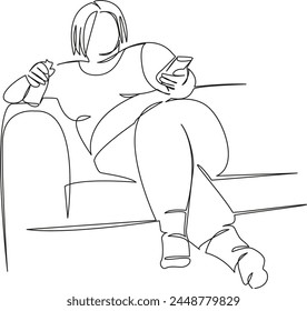 One continuous single drawing line art flat doodle fat, drink, woman, food, unhealthy, tv, snack, obese, lazy. Isolated image hand draw contour on a white background, hand drawn, not AI