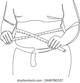 One continuous single drawing line art flat doodle tape, fat, belly, woman, body, weight, centimeter, waist, measurement. Isolated image hand draw contour on a white background, hand drawn, not AI