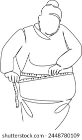 One continuous single drawing line art flat doodle design, art, body, female, weight, girl, fat, waist, centimeter. Isolated image hand draw contour on a white background, hand drawn, not AI