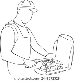 One continuous single drawing line art flat doodle food, work, pizza, occupation, preparation, man, employee. Isolated image hand draw contour on a white background, hand drawn, not AI