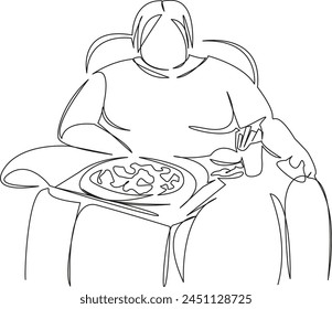 One continuous single drawing line art flat doodle lifestyle, fat, woman, food, tv, overweight, home, unhealthy. Isolated image hand draw contour on a white background, hand drawn, not AI