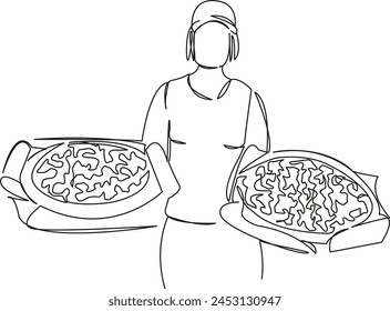 One continuous single drawing line art flat doodle worker, food, girl, pizza, delivery, pizzeria, female, meal. Isolated image hand draw contour on a white background, hand drawn, not AI