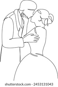 One continuous single drawing line art flat doodle groom, love, wedding, couple, bride, kiss, beautiful, married. Isolated image hand draw contour on a white background, hand drawn, not AI
