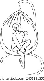 One continuous single drawing line art flat doodle female, girl, woman, chair, young, beautiful, leisure, happy. Isolated image hand draw contour on a white background, hand drawn, not AI