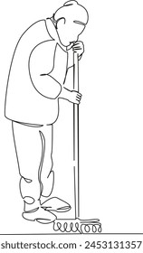 One continuous single drawing line art flat doodle lady, woman, old, sweeping, people, female, grandmother, cleaning. Isolated image hand draw contour on a white background, hand drawn, not AI