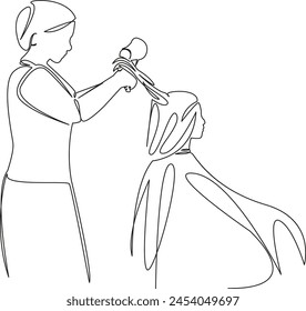 One continuous single drawing line art flat doodle professional, woman, hairdresser, hair, work, haircut, hairdo. Isolated image hand draw contour on a white background, hand drawn, not AI