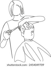 Eine durchgehende einzige Zeichnungslinie Kunst flache Doodle Junge, Haarschnitt, Kind, Friseur, Friseur, Schere, Kind, Stylist. Isolierte Bild Handzeichnung Kontur auf einem weißen Hintergrund, handgezeichnet, nicht KI