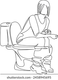 Una sola línea de dibujo continua arte garabato plano inodoro, mujer, niña, baño, wc, papel, hogar, higiene, baño. Imagen aislada dibuja el contorno a mano sobre un fondo blanco
