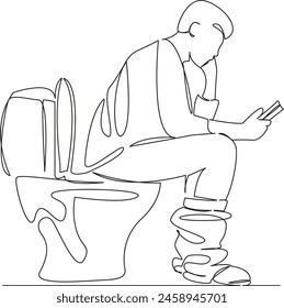 One continuous single drawing line art flat doodle smartphone, bathroom, toilet, phone, mobile, male, constipation. Isolated image hand draw contour on a white background
