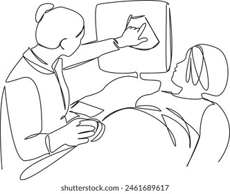 One continuous single drawing line art flat doodle doctor, ultrasound, pregnant, woman, pregnancy, scan, technology. Isolated image hand draw contour on a white background, hand drawn, not AI