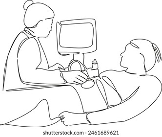 One continuous single drawing line art flat doodle doctor, patient,  abdomen, ultrasound, gynecologist, pregnant, technology. Isolated image hand draw contour on a white background, hand drawn, not AI