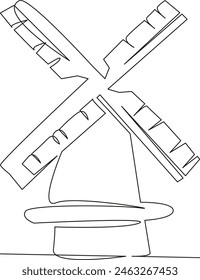 One continuous single drawing line art flat doodle windmill,  mill, farm, energy, rural, landscape, power, sunrise, wind. Isolated image hand draw contour on a white background, hand drawn, not AI