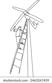 One continuous single drawing line art flat doodle electricity, engineer, turbine, person, industry, technology, technician,  environment, engineering. Isolated image hand draw contour on a white back