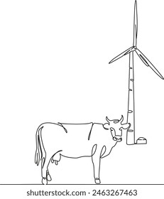 One continuous single drawing line art flat doodle windmill, cow, energy,  cattle, grass, climate change, future, horizontal, renewable. Isolated image hand draw contour on a white background, hand dr