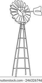 One continuous single drawing line art flat doodle windmill, agriculture, farm, wind, ranch, sky, outdoor, power, turbine. Isolated image hand draw contour on a white background, hand drawn, not AI