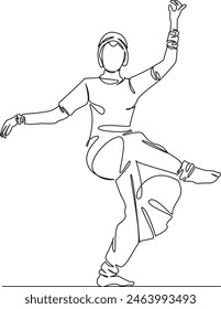 One continuous single drawing line art flat doodle woman, india, indian, beautiful, traditional, dance, dress, person. Isolated image hand draw contour on a white background, hand drawn, not AI