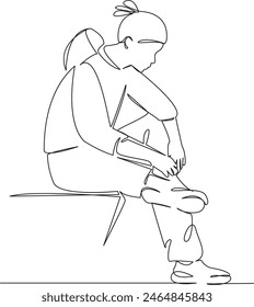 One continuous single drawing line art flat doodle shoe, person, girl, shoelace, tying, foot, sport, exercise, training. Isolated image hand draw contour on a white background, hand drawn, not AI
