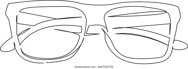 Una sola línea de dibujo continuo arte garabato plano óptico, gafas, lente, vista, gafas, marco, espectáculo, gafas, moda. Imagen aislada dibuja el contorno a mano sobre un fondo blanco
