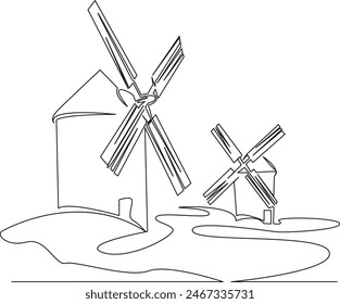 Una sola línea de dibujo continua arte garabato plano molino de viento, viento, campo, naturaleza, paisaje, holanda, granja. Imagen aislada dibuja el contorno a mano sobre un fondo blanco
