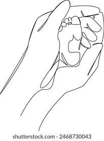 One continuous single drawing line art flat doodle  care, love, skin, hand, small, mother, child, newborn, motherhood, finger. Isolated image hand draw contour on a white background
