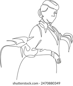 One continuous single drawing line art flat doodle  symbol, airplane, stewardess, flight, woman, uniform, travel, plane. Isolated image hand draw contour on a white background
