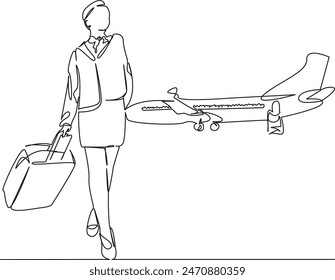 One continuous single drawing line art flat doodle  stewardess, airplane, travel, suitcase, journey, background, airport. Isolated image hand draw contour on a white background
