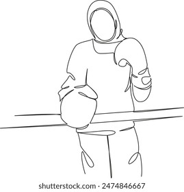 One continuous single drawing line art flat doodle  boxer, muslim, fighter, female, girl, woman, boxing, sport, glove, islam. Isolated image hand draw contour on a white background
