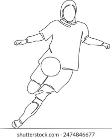 One continuous single drawing line art flat doodle  muslim, girl, football, play, sport, hijab, athlete, female, competition, goal. Isolated image hand draw contour on a white background
