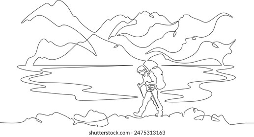 One continuous single drawing line art flat doodle  mountain, travel, adventure, outdoor, tourism, nature, sport, hiker, journey, leisure. Isolated image hand draw contour on a white background
