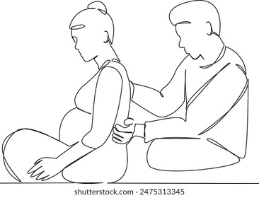 One continuous single drawing line art flat doodle  pregnant, woman, man, husband, massage, wife, love, couple, pregnancy. Isolated image hand draw contour on a white background