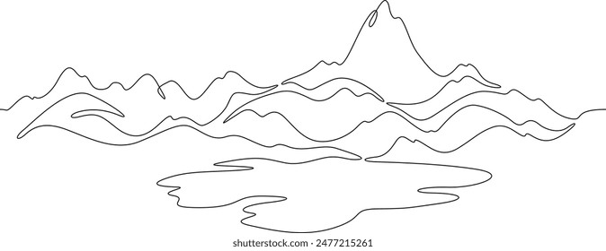 Eine durchgehende einzige Zeichnungslinie Kunst flachen Doodle Berg, See, schön, Landschaft, Gipfel, Landschaft, Natur, Tourismus. Isolierte Bild-Handzeichnung Kontur auf weißem Hintergrund