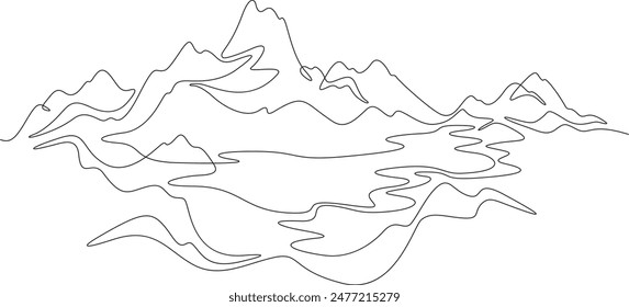 One continuous single drawing line art flat doodle  mountain, lake, beautiful, landscape, peak, scenery, nature, tourism. Isolated image hand draw contour on a white background