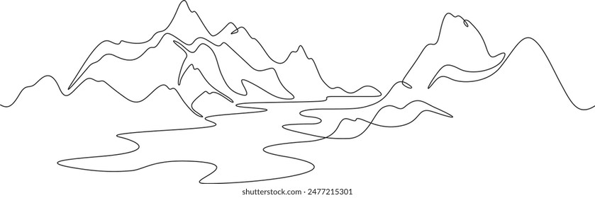 One continuous single drawing line art flat doodle  mountain, lake, beautiful, landscape, peak, scenery, nature, tourism. Isolated image hand draw contour on a white background