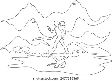 One continuous single drawing line art flat doodle  geolocation, map, gadget, search, phone, travel, gadget, city, tourist, internet, technology. Isolated image hand draw contour on a white background