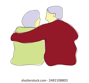 One continuous single drawing line art flat doodle senior, old, woman, man, people, couple, happy, love, talking. Isolated image hand draw contour on a white background