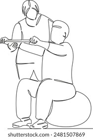 Una sola línea de dibujo continuo arte garabato plano de edad avanzada, expansor, entrenamiento, hombre, salud, deporte, entrenamiento, viejo, fisioterapia. Imagen aislada dibuja el contorno a mano sobre un fondo blanco
