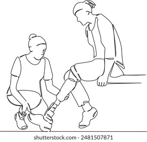 One continuous single drawing line art flat doodle athletic, sport, leg, training, prosthesis, woman, athlete, orthopedic, foot. Isolated image hand draw contour on a white background
