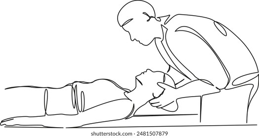 One continuous single drawing line art flat doodle osteopath, neck, care, patient, doctor, massaging, back, shoulder, vertebrae. Isolated image hand draw contour on a white background
