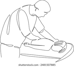 One continuous single drawing line art flat doodle isolated, osteopath, physical, therapy, rehabilitation, massage, therapist, child. Isolated image hand draw contour on a white background
