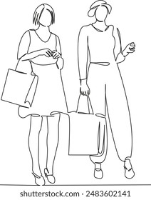 One continuous single drawing line art flat doodle  two girls girlfriends go shopping, carry bags of purchases. Isolated image hand draw contour on a white background
