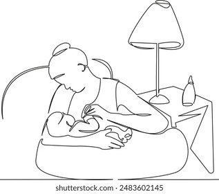 One continuous single drawing line art flat doodle  mother breastfeeds her newborn in a cozy home environment. Isolated image hand draw contour on a white background
