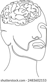 One continuous single drawing line art flat doodle male head with brains, thoughts, figure out, mind. Isolated image hand draw contour on a white background
