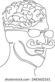 One continuous single drawing line art flat doodle head with brains, convolutions, thoughts, think, comprehension, glasses, mustache, fashion. Isolated image hand draw contour on a white background
