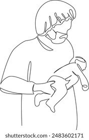 One continuous single drawing line art flat doodle  a nurse in a maternity hospital holds a newborn baby in her arms. Isolated image hand draw contour on a white background
