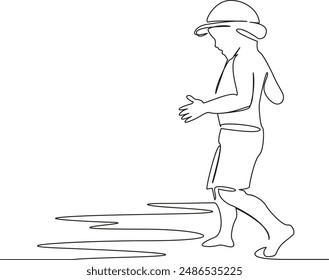 One continuous single drawing line art flat doodle stretch out, kid, sea, beach, holiday, summer, boy, child, vacation, sand, sun. Isolated image hand draw contour on a white background
