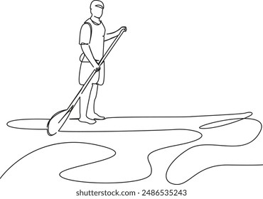 One continuous single drawing line art flat doodle  stretch out, man, travel, board, paddle, sap, nature, water, sport, leisure. Isolated image hand draw contour on a white background
