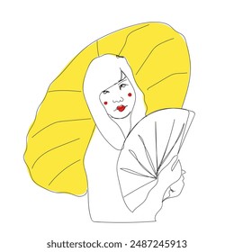 One continuous single drawing line art flat doodle geisha, japan, japanese, umbrella, asian. Isolated image hand draw contour on a white background.