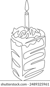 Una sola línea de dibujo continuo arte pastel de garabato plano con una vela, pedazo de pastel, postre festivo, dulces, pasteles. Imagen aislada dibuja el contorno a mano sobre un fondo blanco
